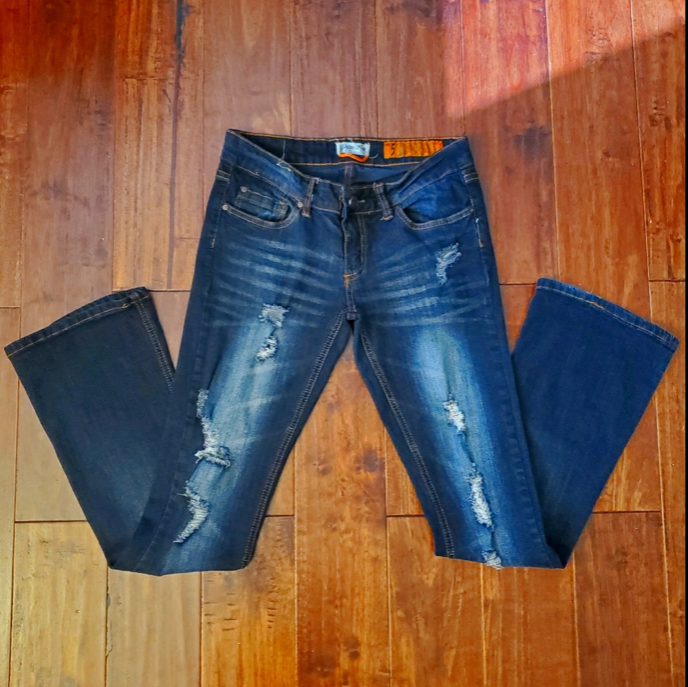 Distressed Boot Cut Blue Jeans